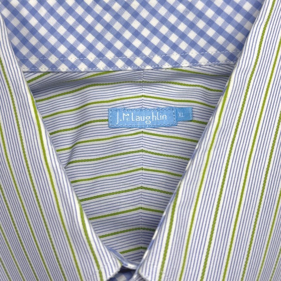 J. McLaughlin XL Green Blue Stripe Button Down Shirt Gingham Flip Cuff - Picture 2 of 7